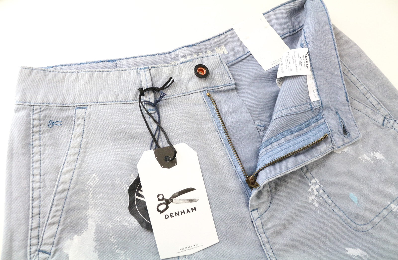 DENHAM Bonnie Jeans W23/L28 Blue Flared Linen  Washed Aged Look Painted