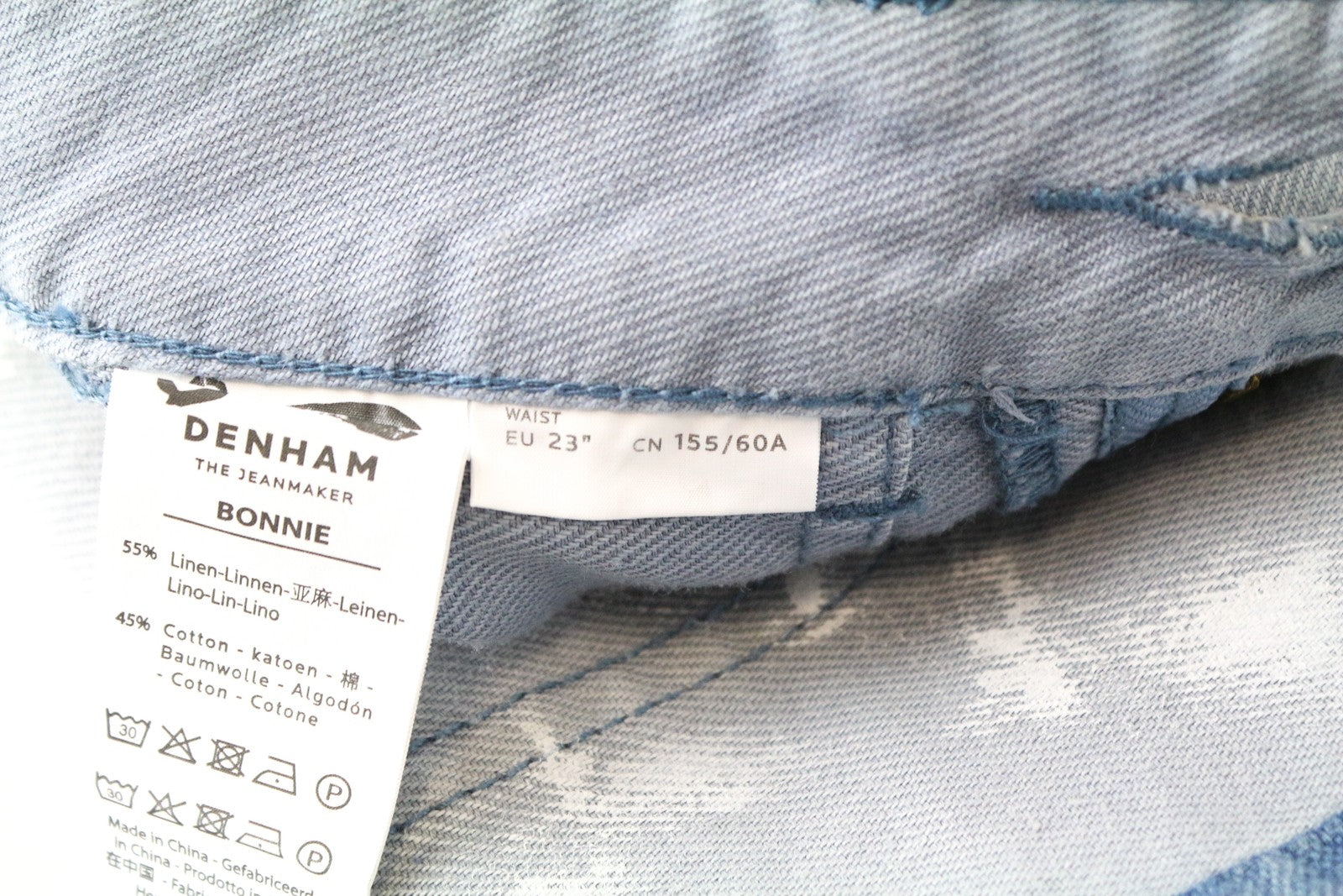 DENHAM Bonnie Jeans W23/L28 Blue Flared Linen  Washed Aged Look Painted