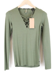 MAISON SCOTCH Green Ribbed Tee XS V-Neck Long Sleeve Stretch