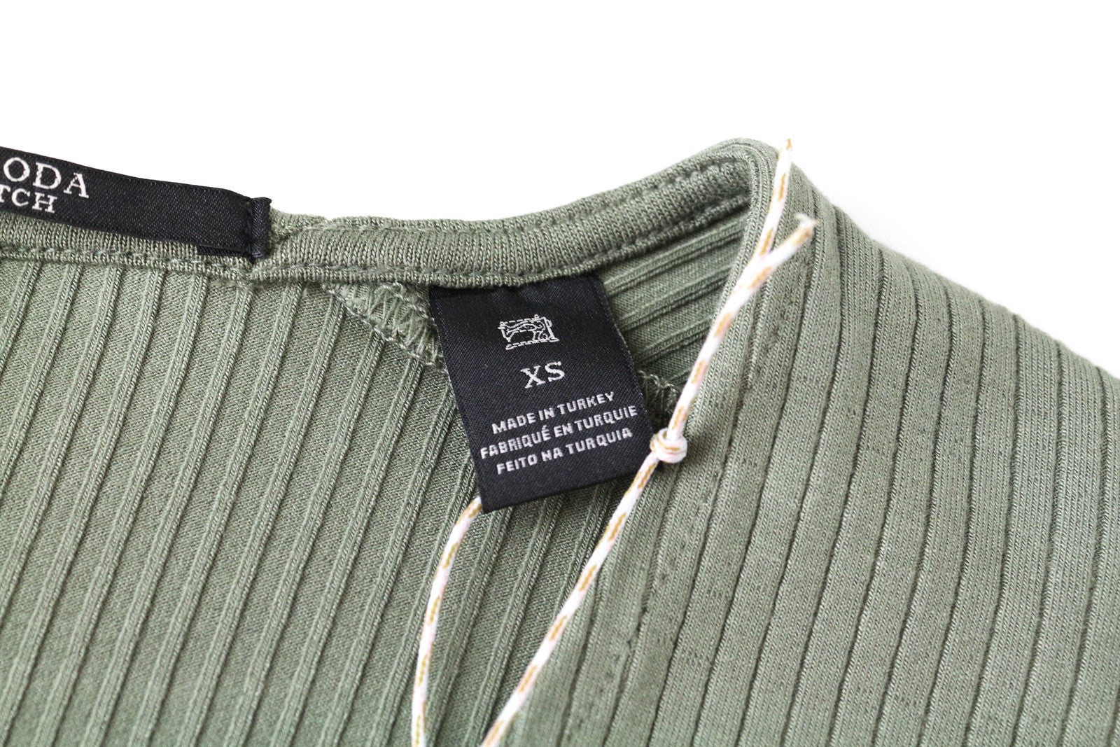 MAISON SCOTCH Green Ribbed Tee XS V-Neck Long Sleeve Stretch