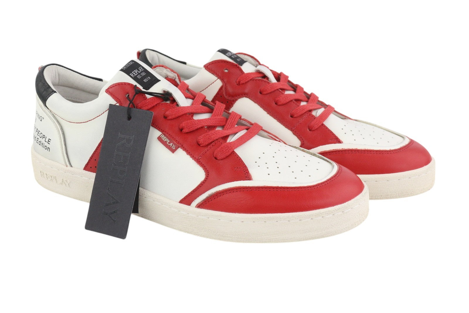 REPLAY Men Sneakers EU44 White Leather Low Top Lace Up Almond Toe Trainers Red