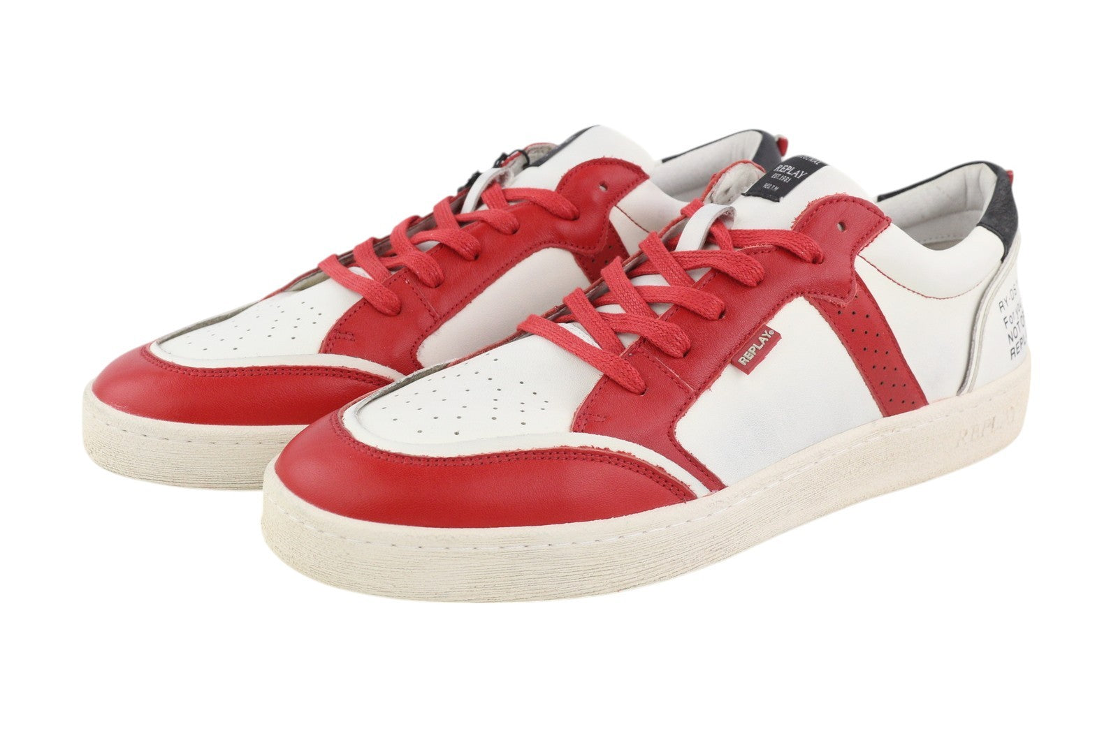 REPLAY Men Sneakers EU44 White Leather Low Top Lace Up Almond Toe Trainers Red