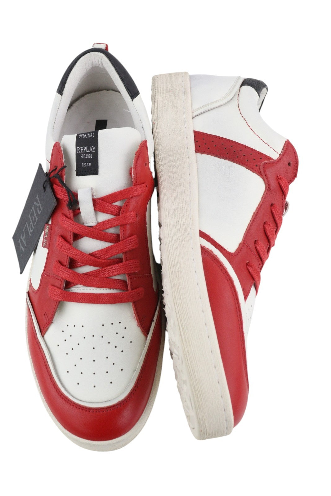 REPLAY Men Sneakers EU44 White Leather Low Top Lace Up Almond Toe Trainers Red