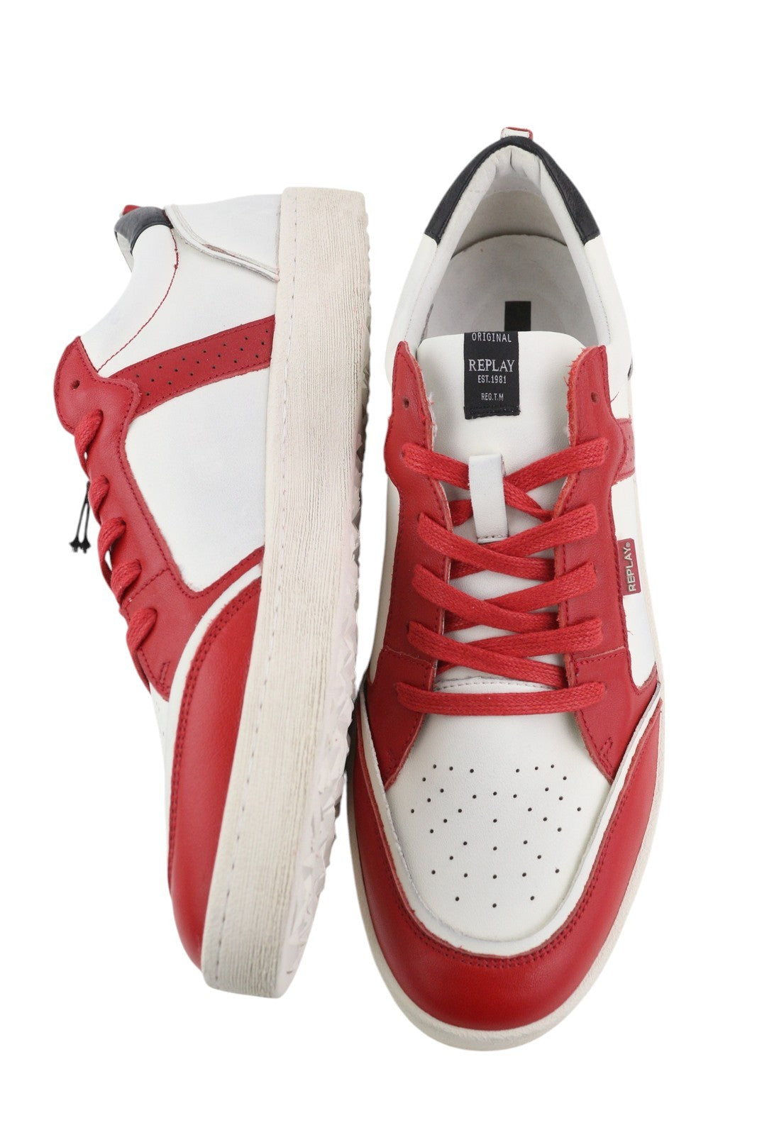 REPLAY Men Sneakers EU44 White Leather Low Top Lace Up Almond Toe Trainers Red