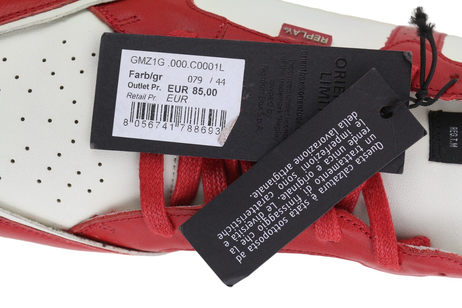 REPLAY Men Sneakers EU44 White Leather Low Top Lace Up Almond Toe Trainers Red