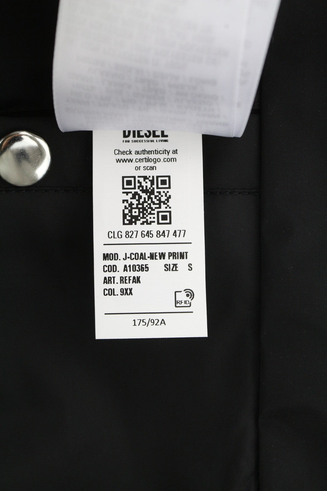 DIESEL J-Coal-New Print Mens Jacket S Black Coated Padded Snap Buttons RRP€230