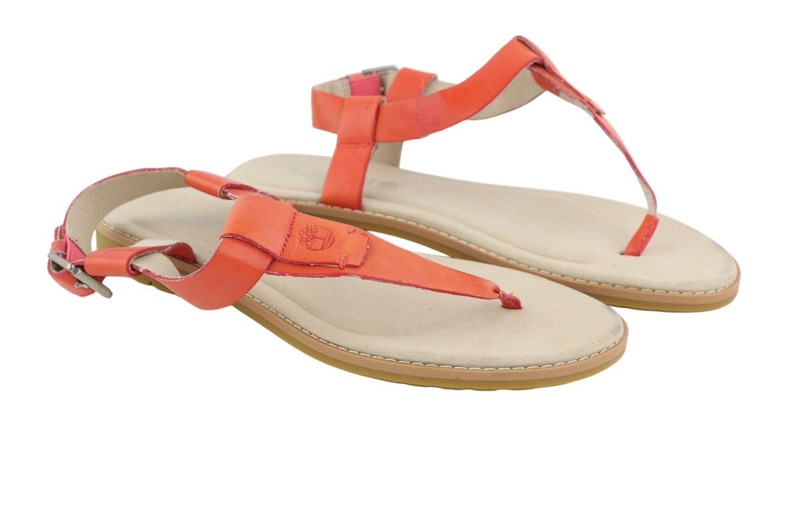 TIMBERLAND A23UF Women Sandals EU38.5 Orange Leather Open Toe Flat Logo Casual