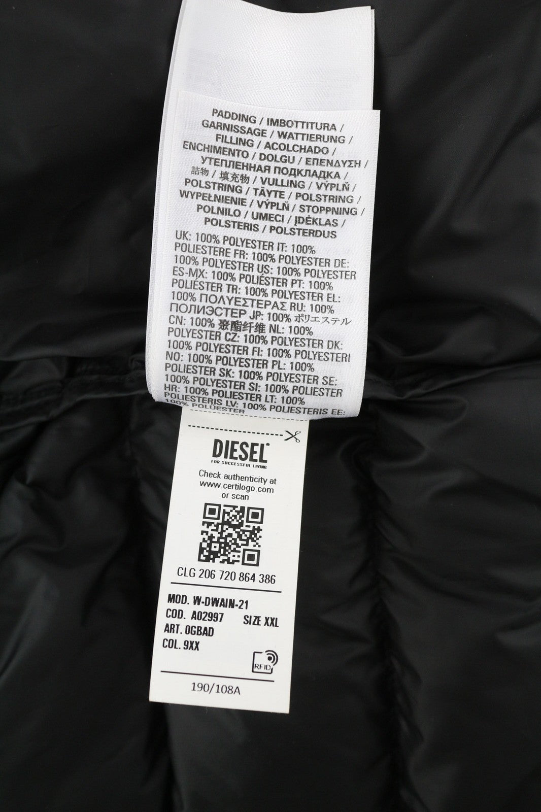 DIESEL W-Dwain-21 Mens Jacket 2XL Black Puffer Quilted Hooded 3M RRP€350