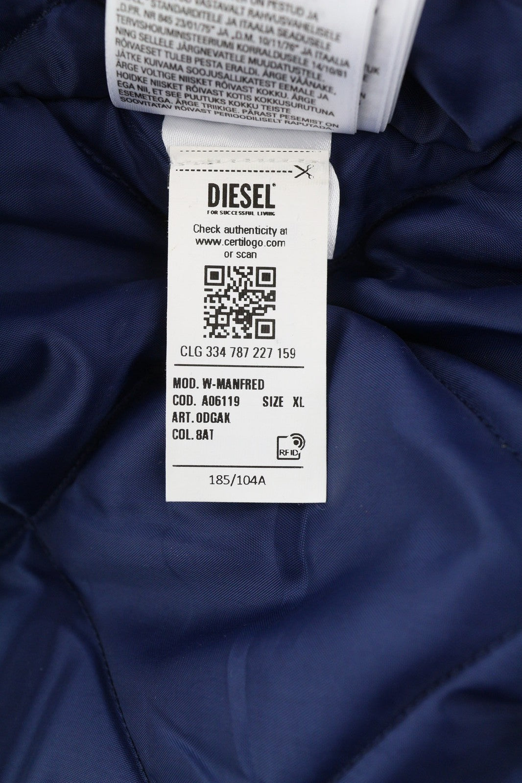 DIESEL W-Manfred Mens Jacket XL Full Zip Patch Pockets Padded Blue RRP€395