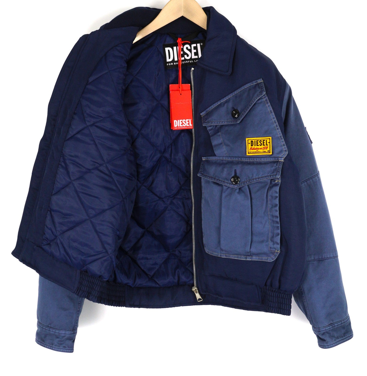 DIESEL W-Manfred Mens Jacket XL Full Zip Patch Pockets Padded Blue RRP€395