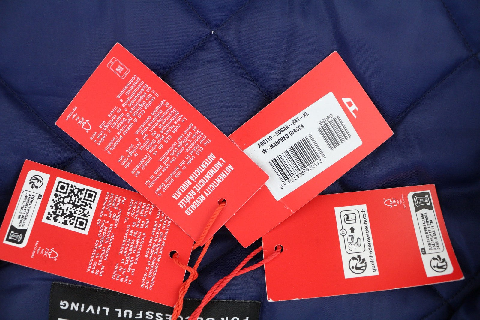 DIESEL W-Manfred Mens Jacket XL Full Zip Patch Pockets Padded Blue RRP€395