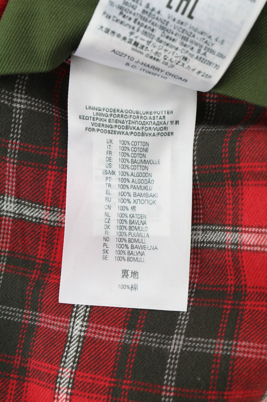 DIESEL J-Harry Men Jacket L Green Band Neck Pockets Plaid Lined  RRP€350