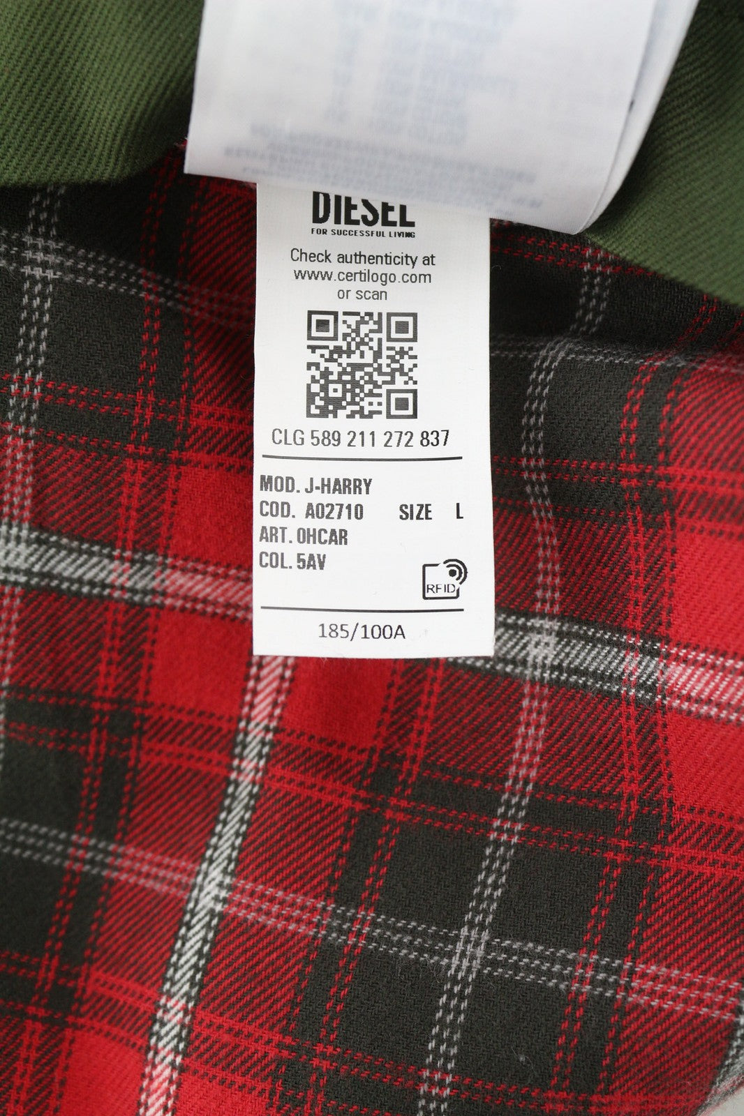 DIESEL J-Harry Men Jacket L Green Band Neck Pockets Plaid Lined  RRP€350