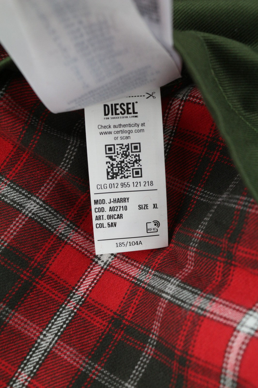 DIESEL J-Harry Mens Jacket XL Green Band Neck Pockets Plaid Lined RRP€350