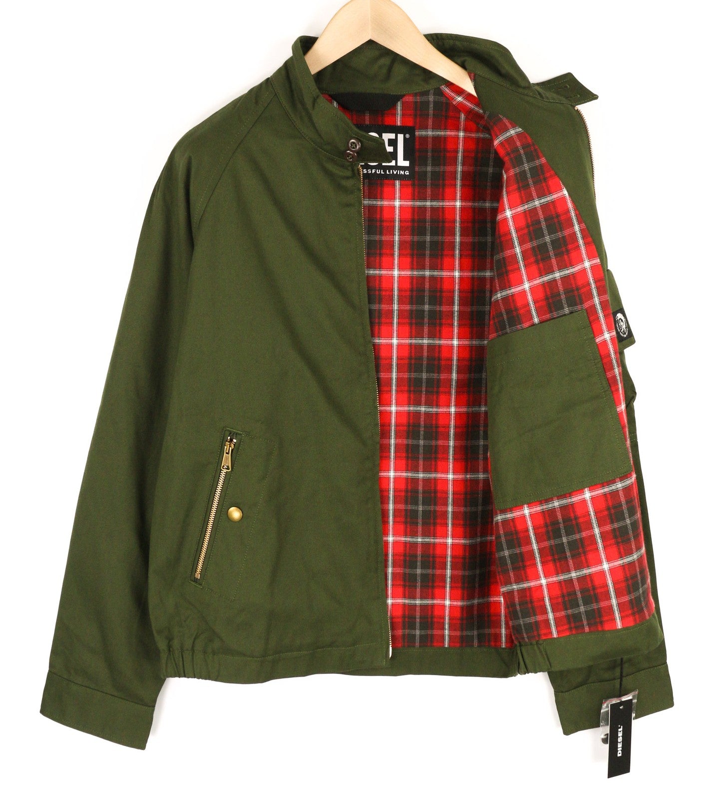 DIESEL J-Harry Mens Jacket XL Green Band Neck Pockets Plaid Lined RRP€350