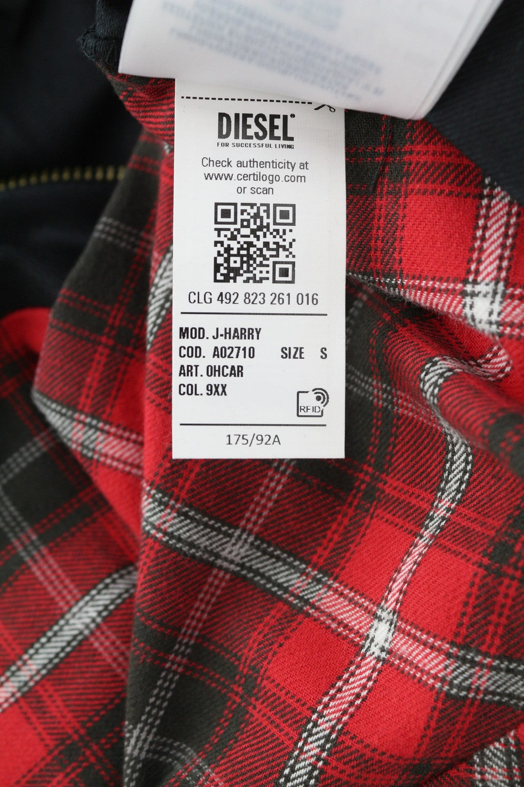 DIESEL J-Harry Mens Jacket S Black Band Neck Pockets Plaid Lined RRP€350