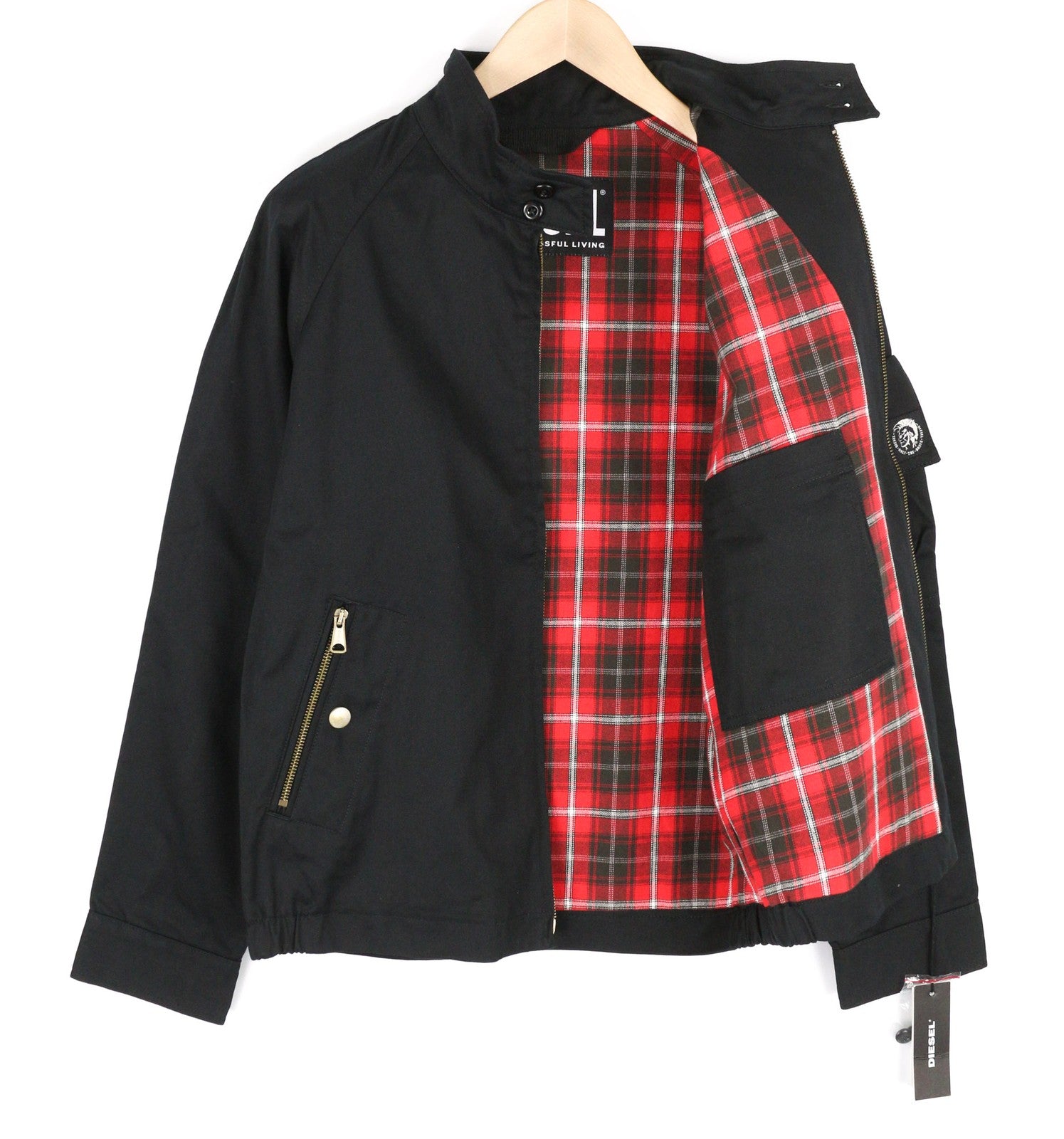 DIESEL J-Harry Mens Jacket S Black Band Neck Pockets Plaid Lined RRP€350