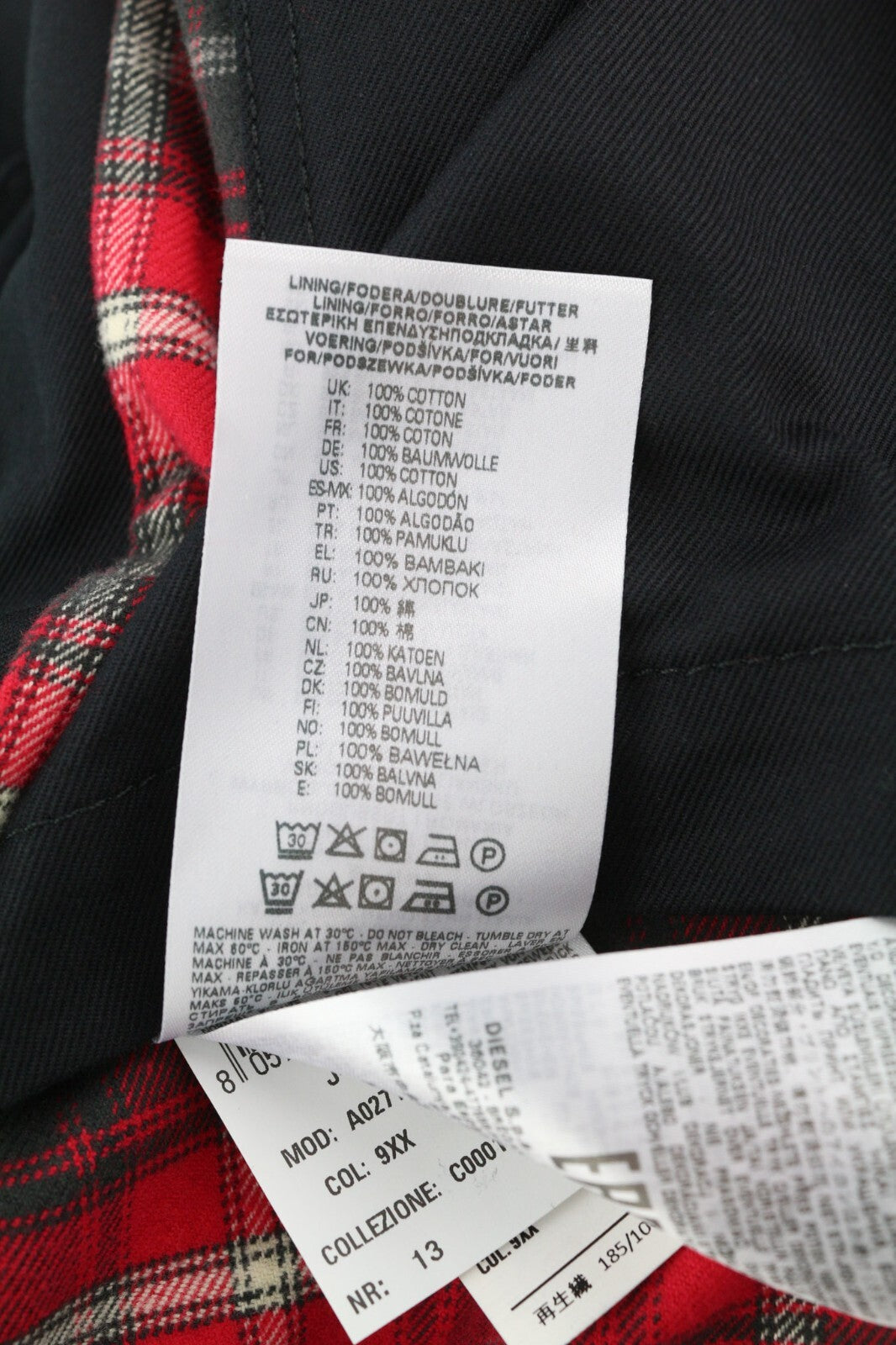 DIESEL J-Harry Mens Jacket L Black Band Neck Pockets Plaid Lined RRP€350