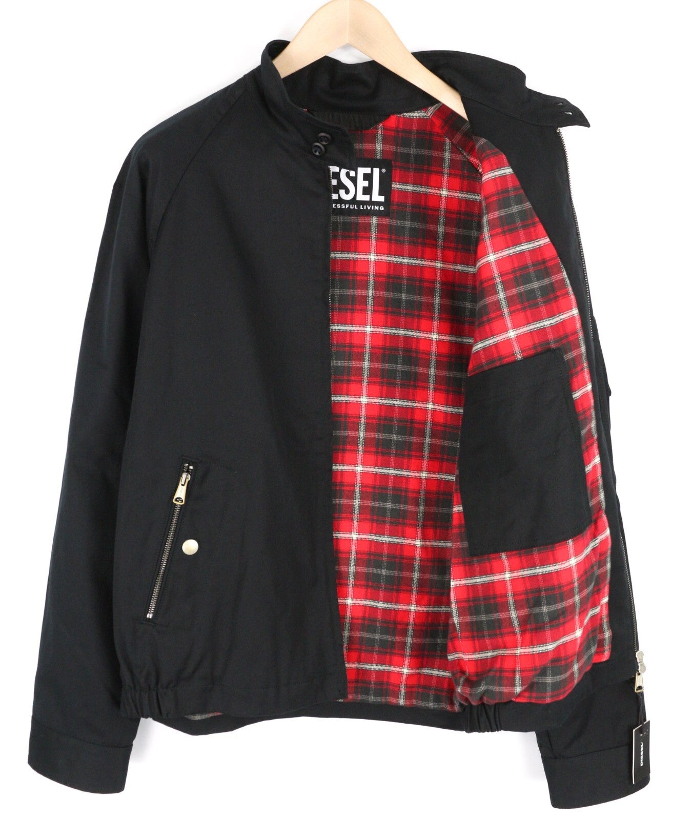 DIESEL J-Harry Mens Jacket L Black Band Neck Pockets Plaid Lined RRP€350