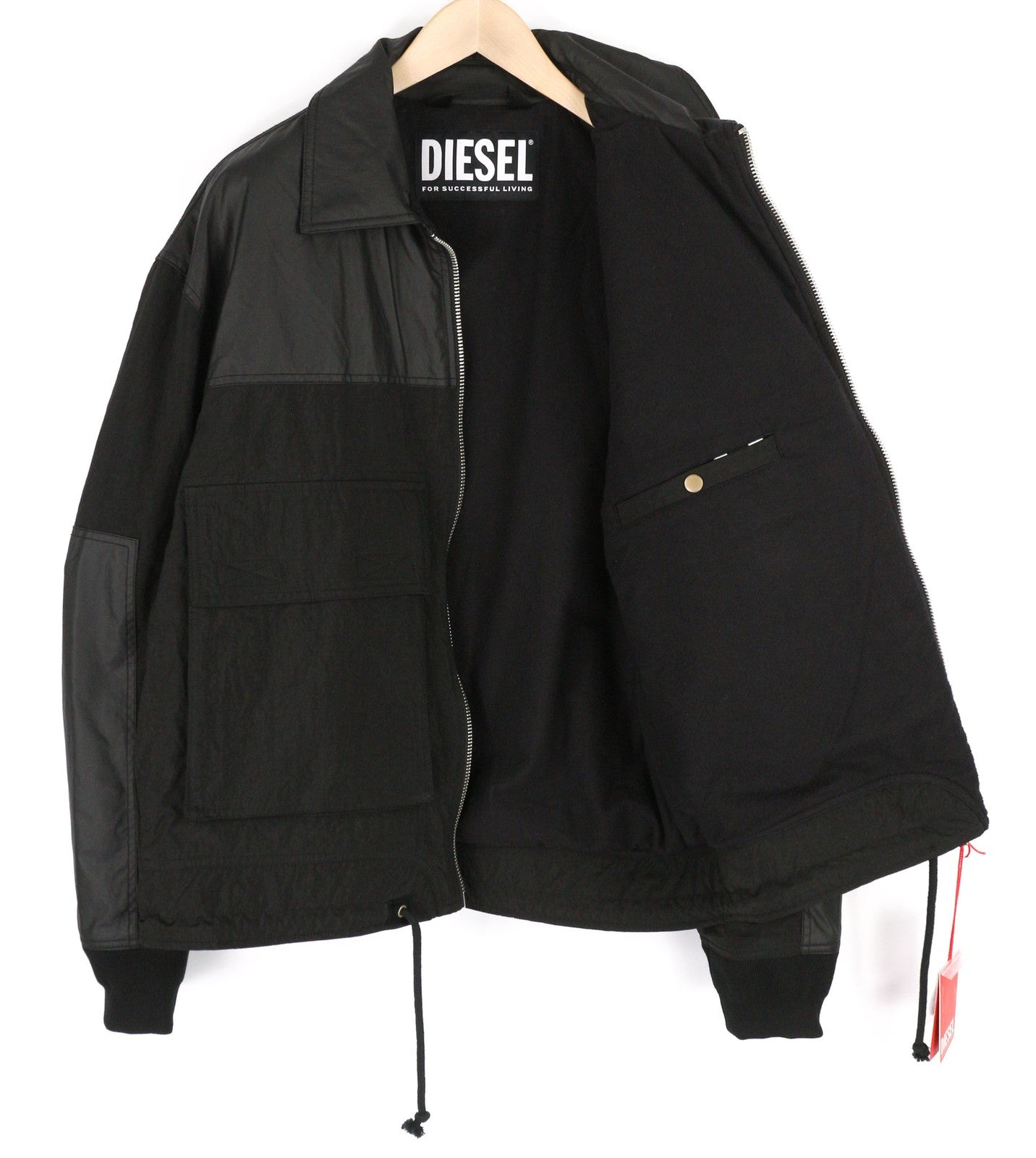 DIESEL J-Tech Mens Jacket XL Black Leather Coated Insulated Pockets RRP€325