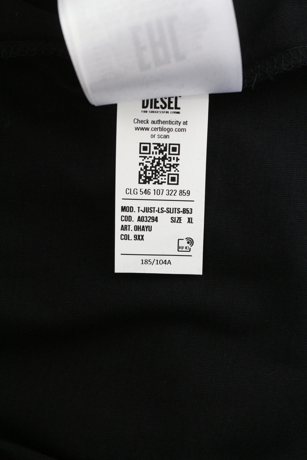 DIESEL T-Just-LS-Slits-B53 Men T-Shirt XL Black Pullover Crew Collar