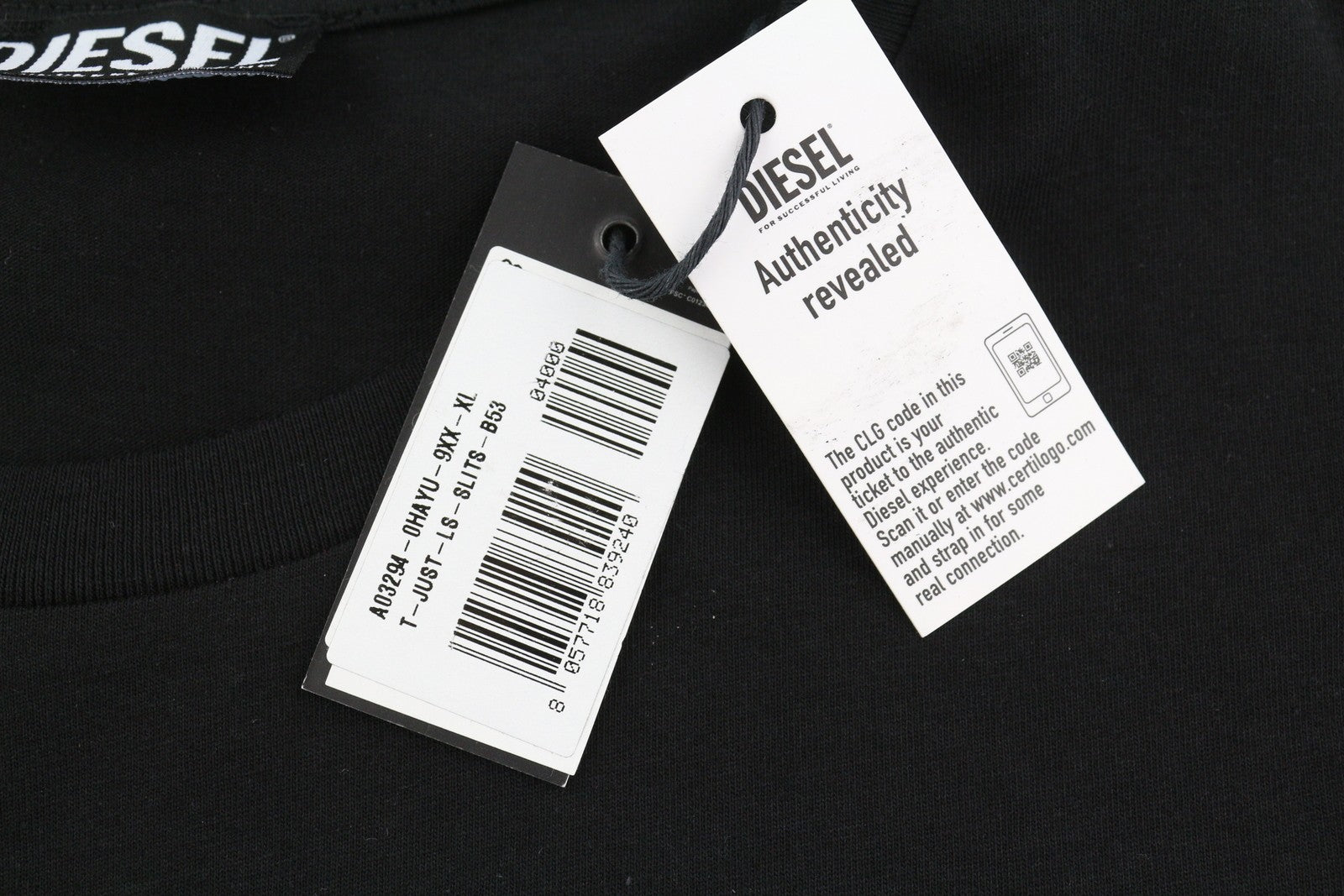 DIESEL T-Just-LS-Slits-B53 Men T-Shirt XL Black Pullover Crew Collar