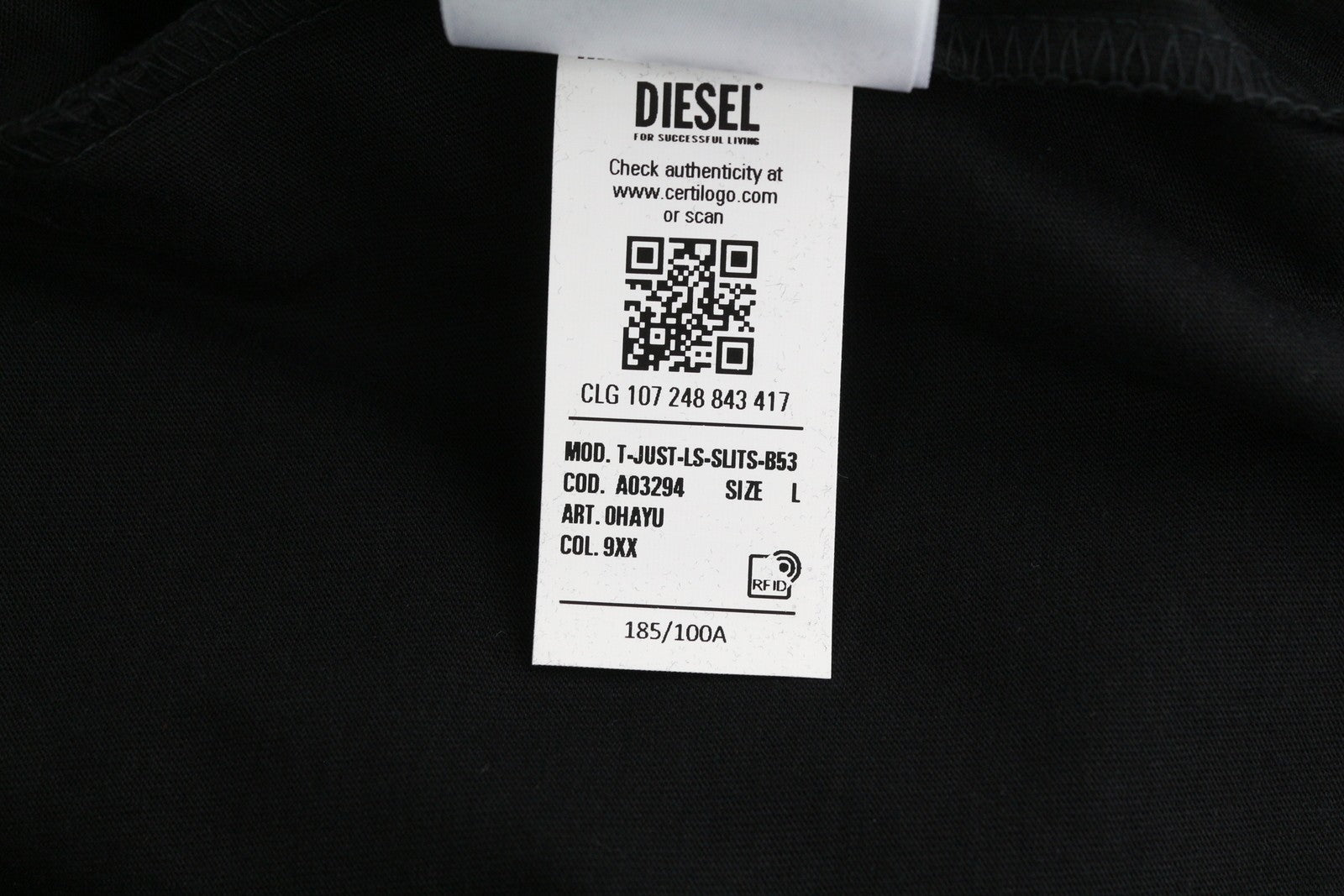 DIESEL T-Just-LS-Slits-B53 Men T-Shirt L Black Pullover Crew Collar
