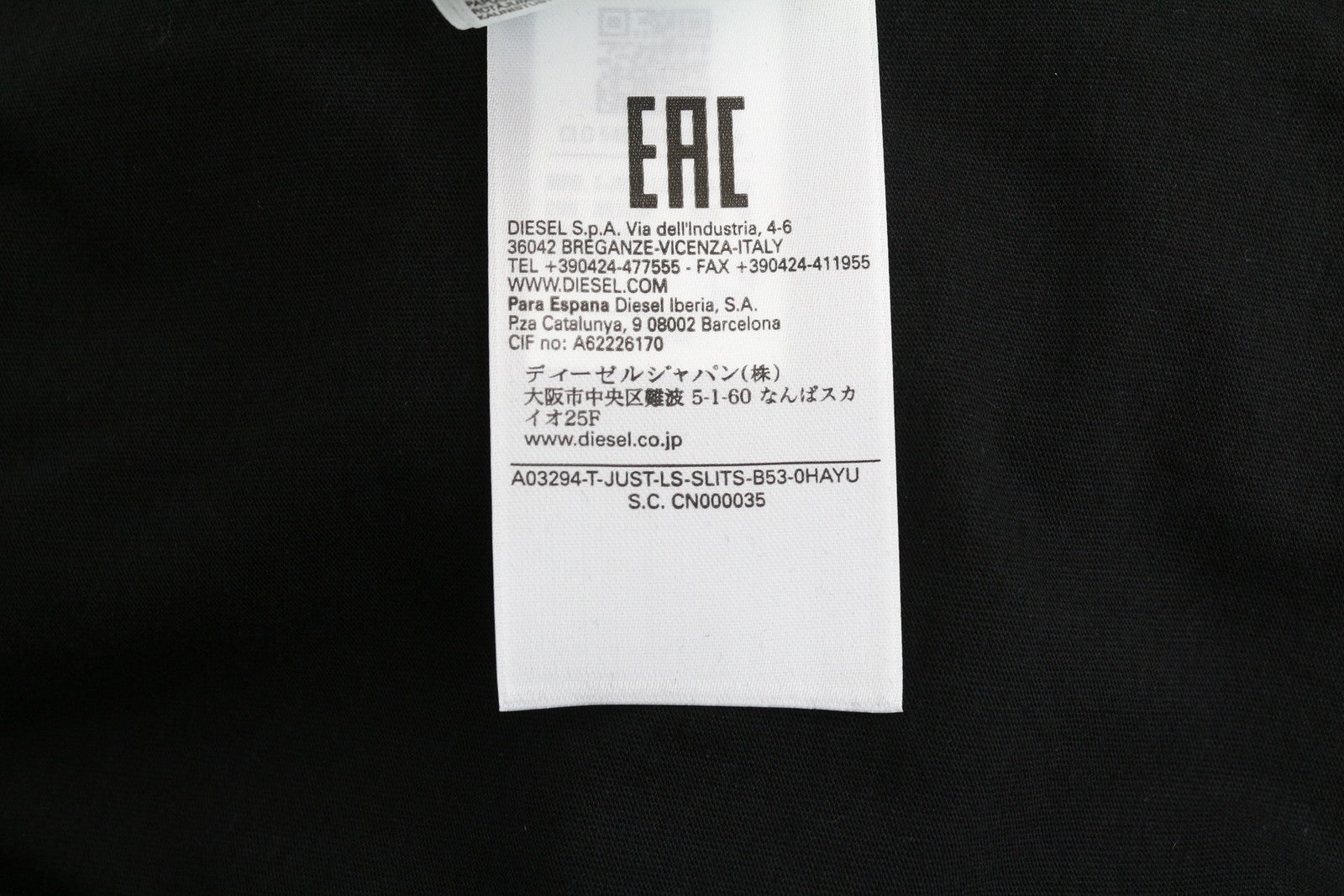 DIESEL T-Just-LS-Slits-B53 Men T-Shirt L Black Pullover Crew Collar