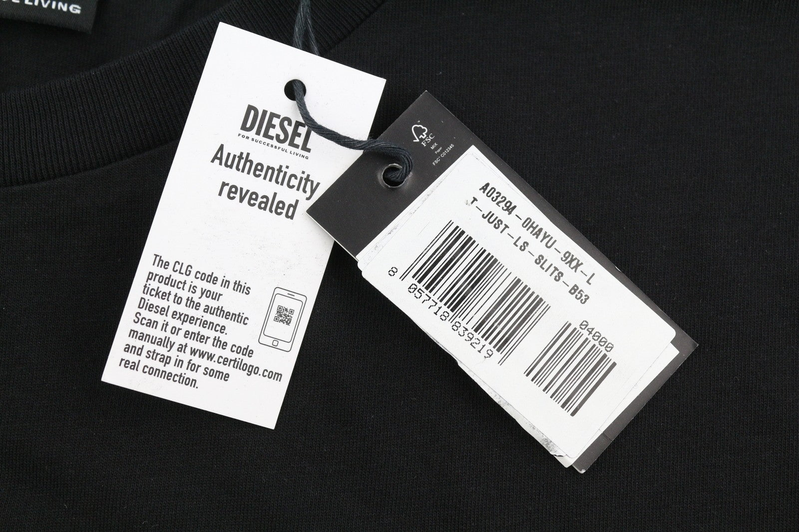 DIESEL T-Just-LS-Slits-B53 Men T-Shirt L Black Pullover Crew Collar