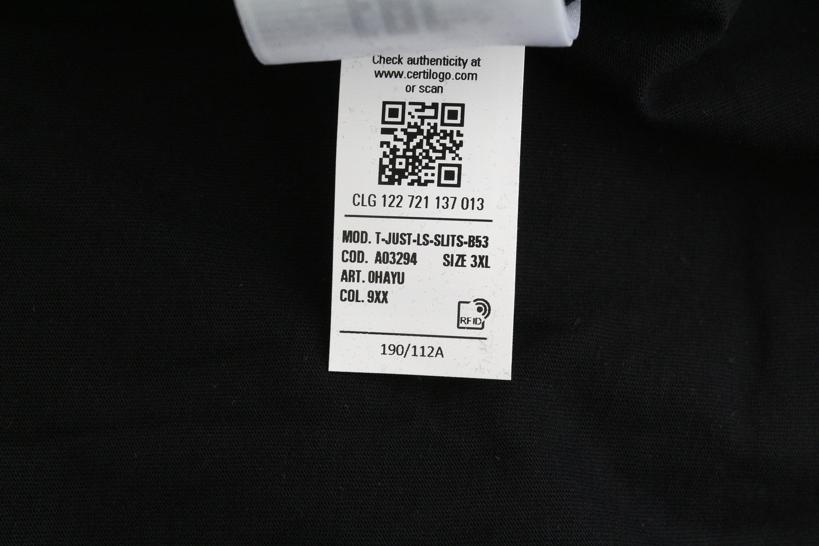 DIESEL T-Just-LS-Slits-B53 Mens T-Shirt 3XL Black Pullover Crew Collar