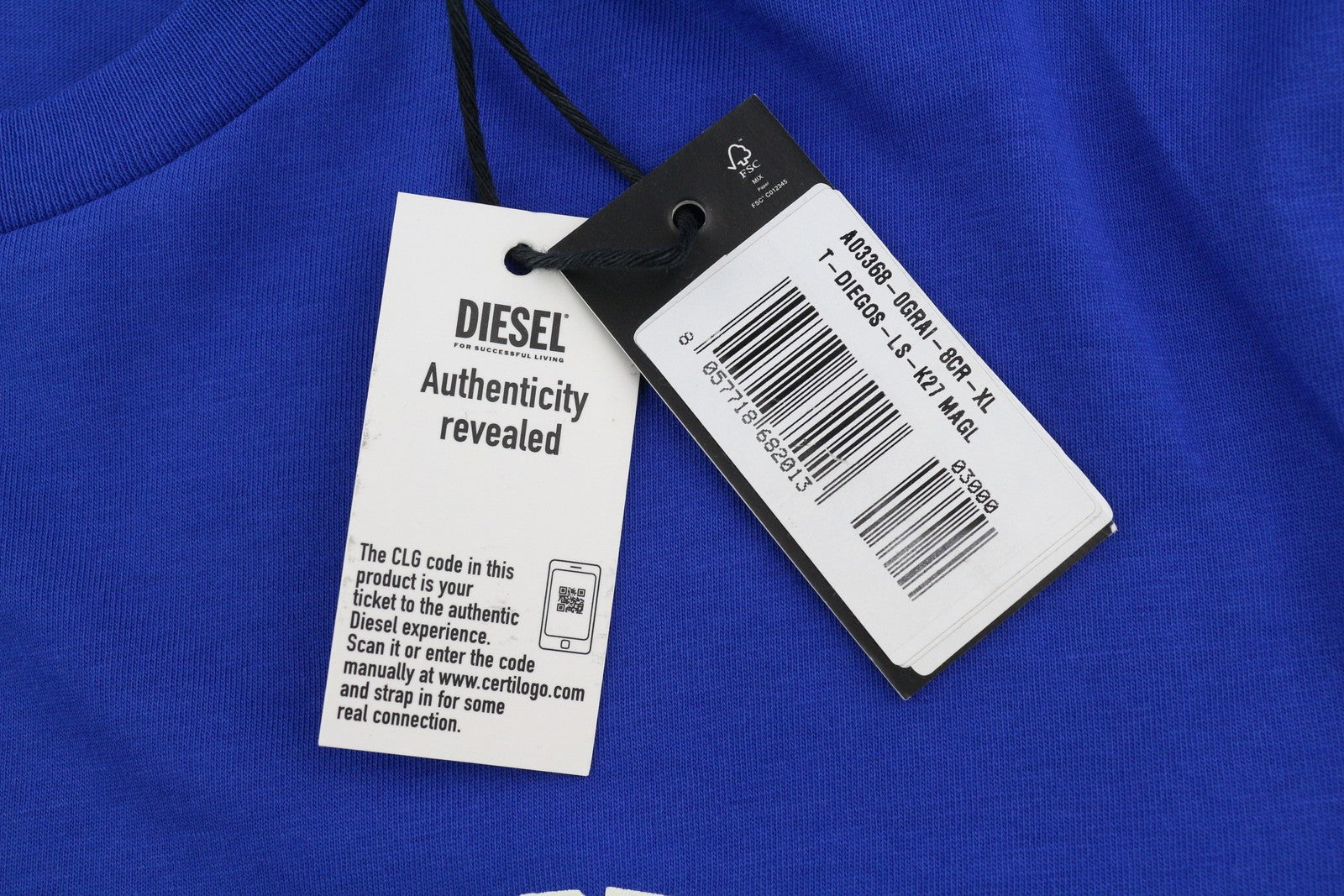 DIESEL T-Diegos-LS-K27 Men T-Shirt XL Mid Blue Pullover Crew Neck