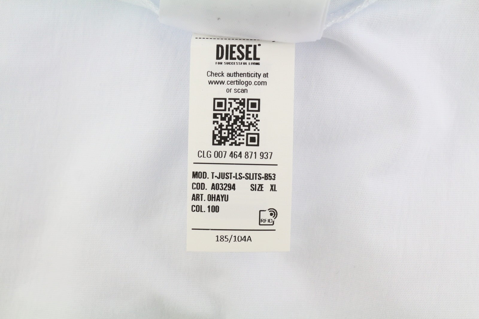 DIESEL T-Just-LS-Slits-B53 Men T-Shirt XL White Pullover Crew Neck