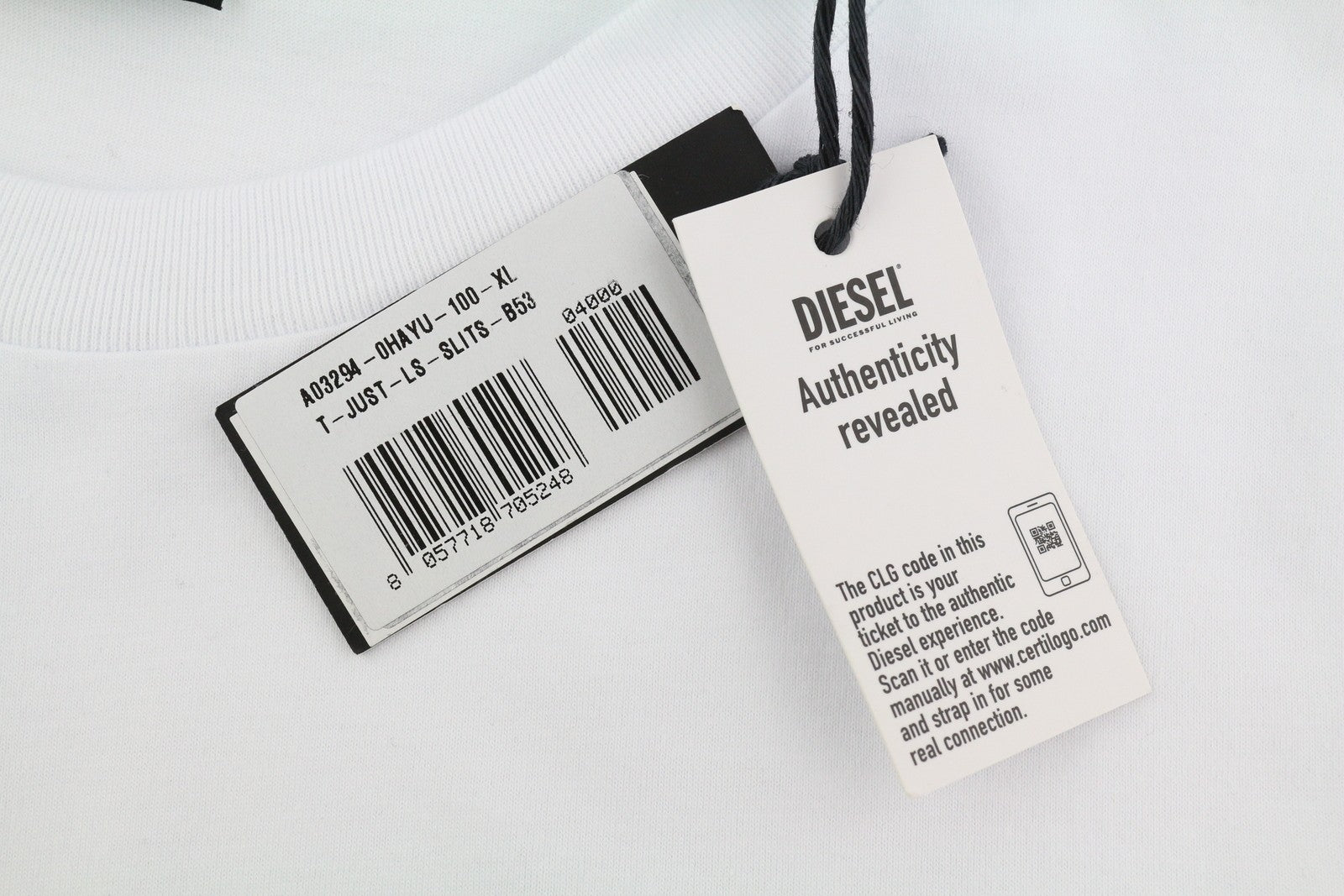 DIESEL T-Just-LS-Slits-B53 Men T-Shirt XL White Pullover Crew Neck