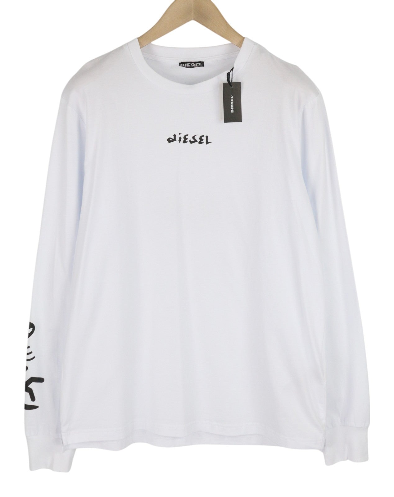 DIESEL T-Just-LS-Slits-B53 Mens T-Shirt L White Pullover Crew Collar