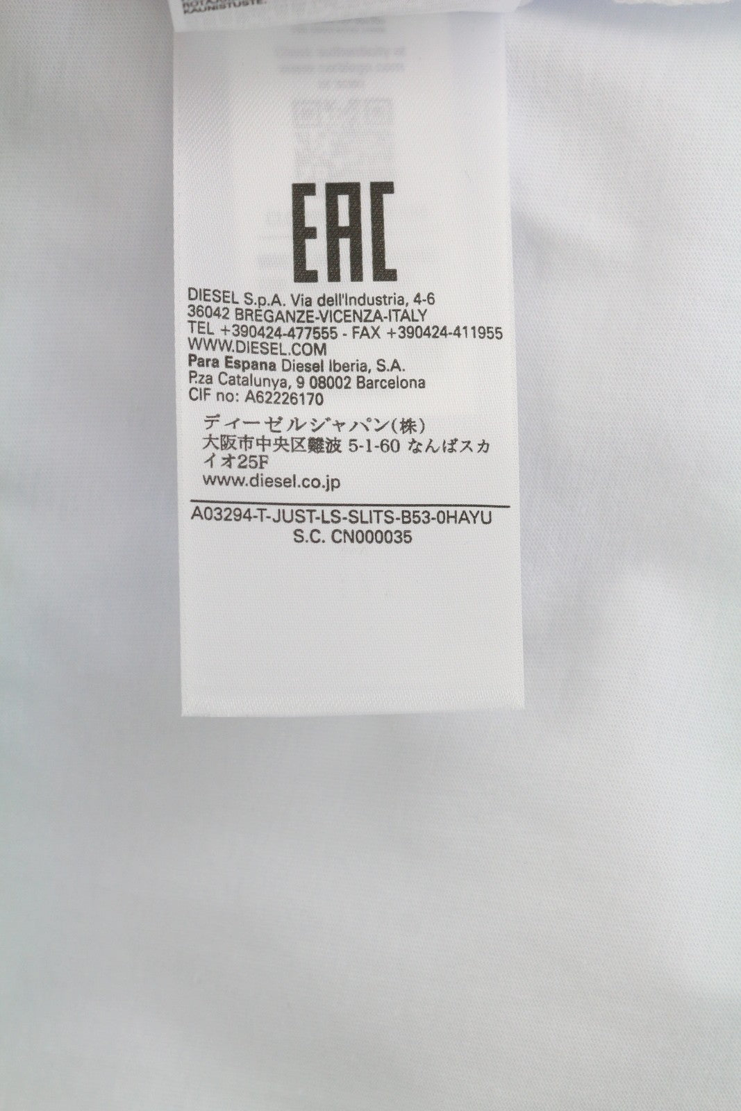 DIESEL T-Just-LS-Slits-B53 Mens T-Shirt L White Pullover Crew Collar