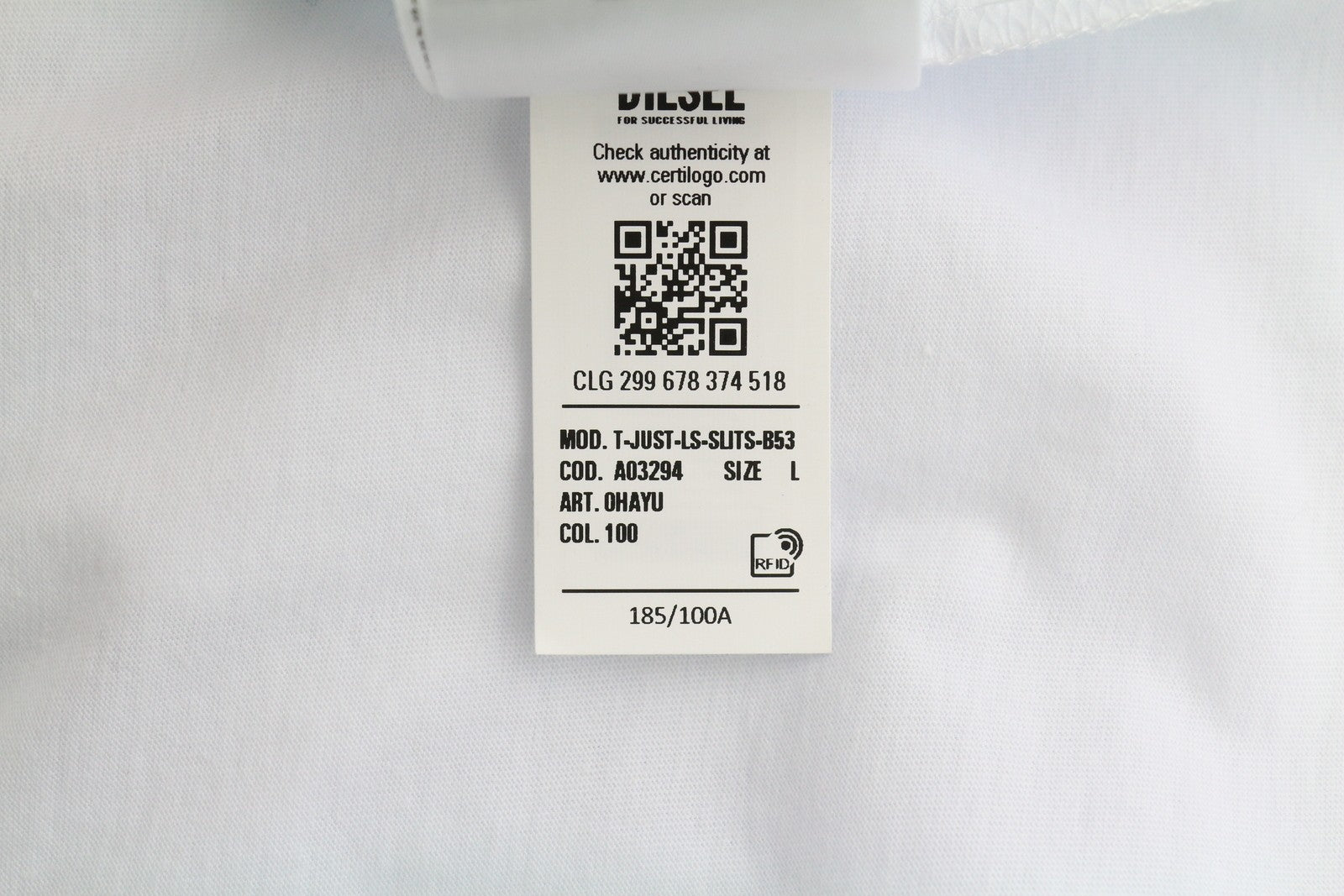 DIESEL T-Just-LS-Slits-B53 Mens T-Shirt L White Pullover Crew Collar