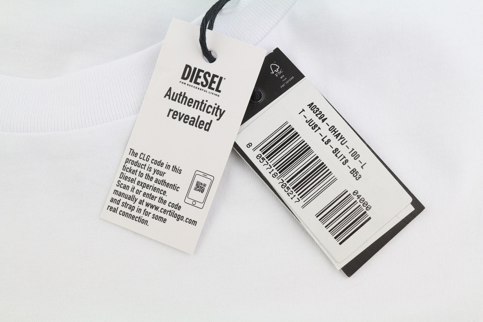 DIESEL T-Just-LS-Slits-B53 Mens T-Shirt L White Pullover Crew Collar
