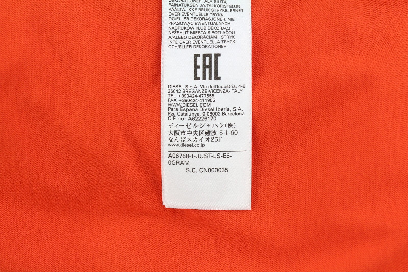 DIESEL T-Just-LS-E6 Mens T-Shirt L Orange Pullover Long Sleeve Crew Collar