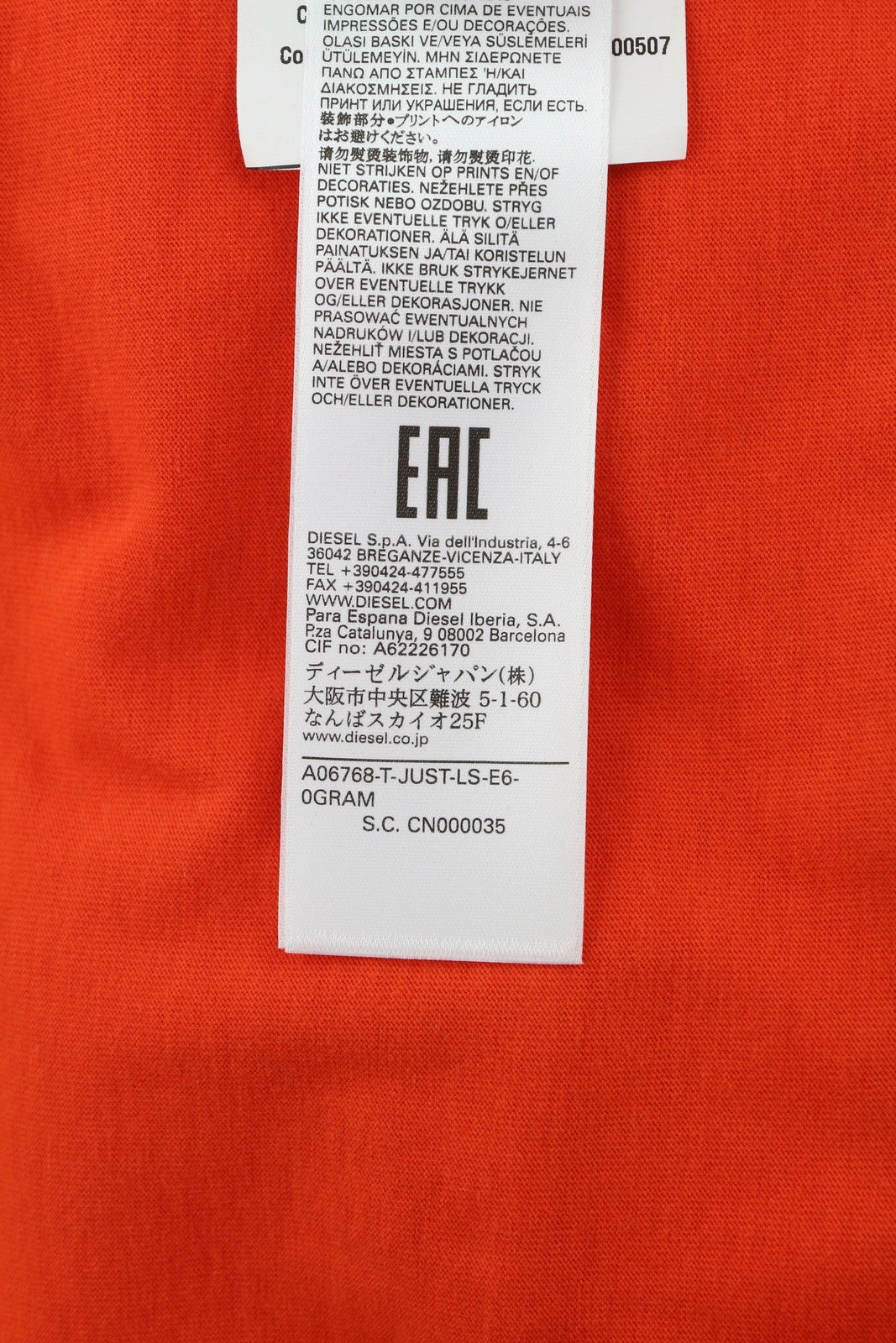 DIESEL T-Just-LS-E6 Men T-Shirt L Orange Pullover Long Sleeve Crew Collar Tricot