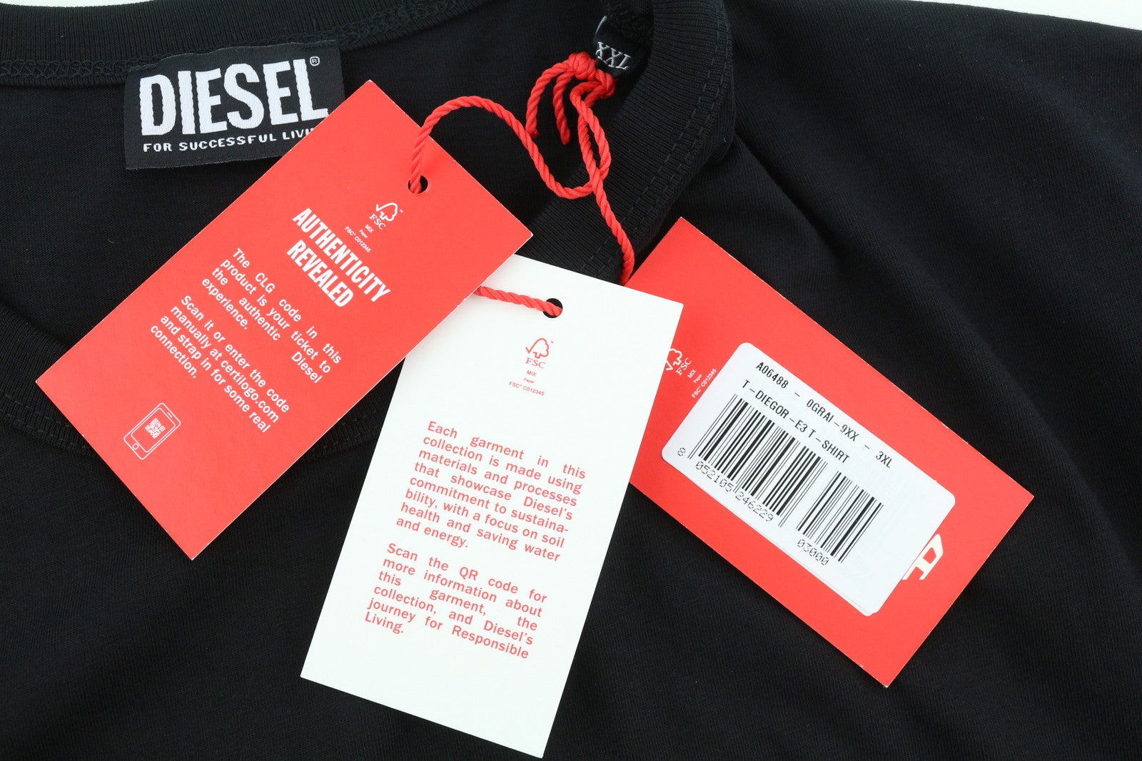 DIESEL T-Diegor-E3 Mens T-Shirt 2XL Black Short Sleeve Crew Collar  Tricot