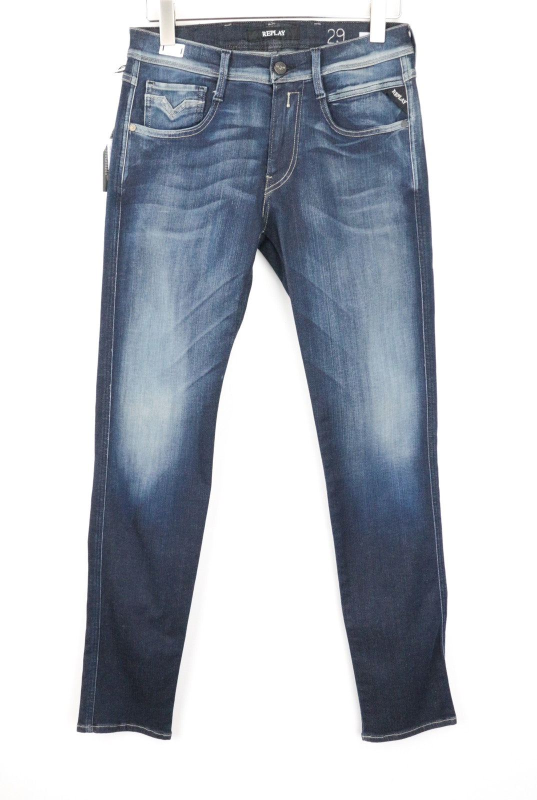 REPLAY Anbass vyriški W29/L32 tamsiai mėlyni ploni Hyperflex džinsai su užtrauktuku 
