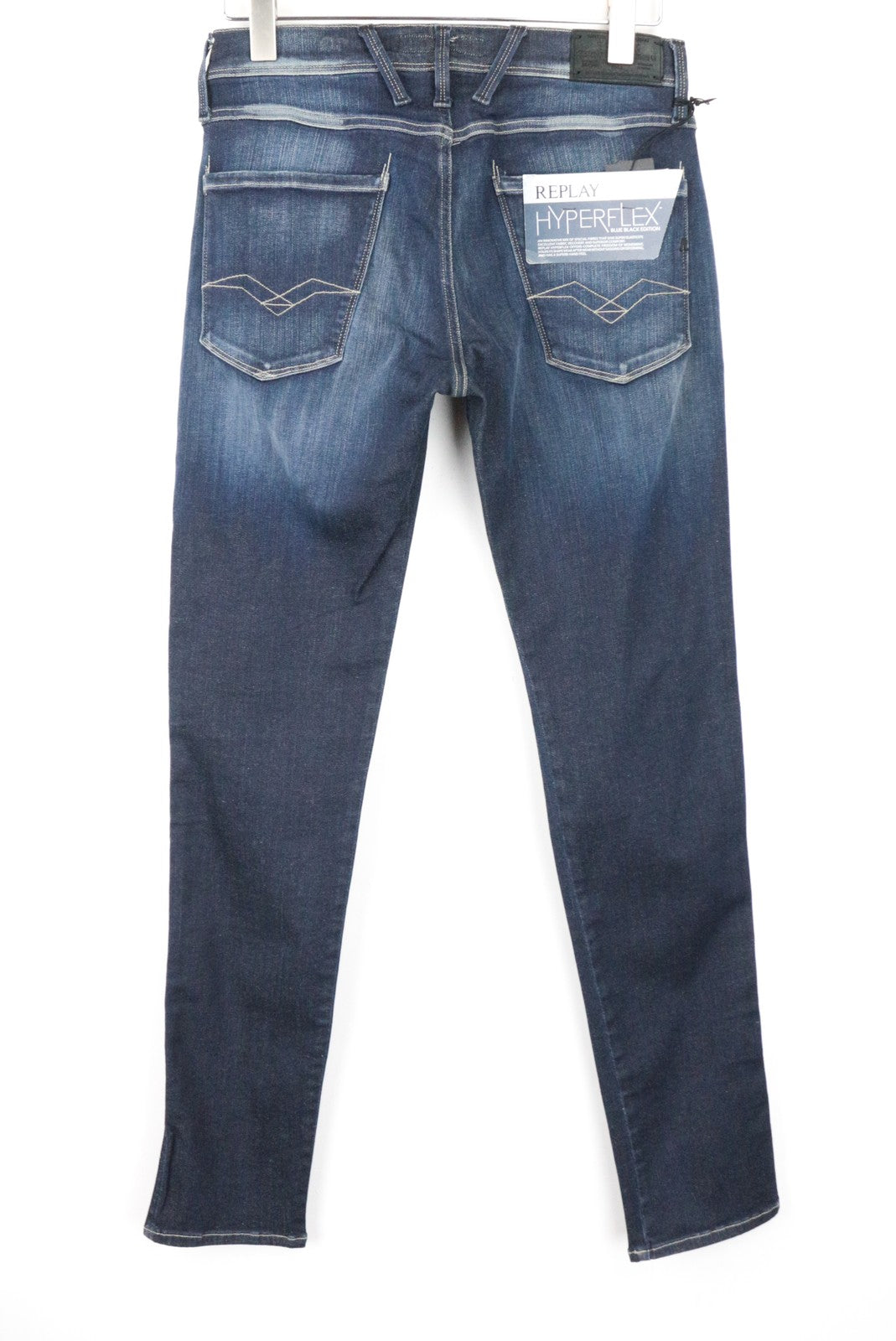 REPLAY Anbass vyriški W29/L32 tamsiai mėlyni ploni Hyperflex džinsai su užtrauktuku 