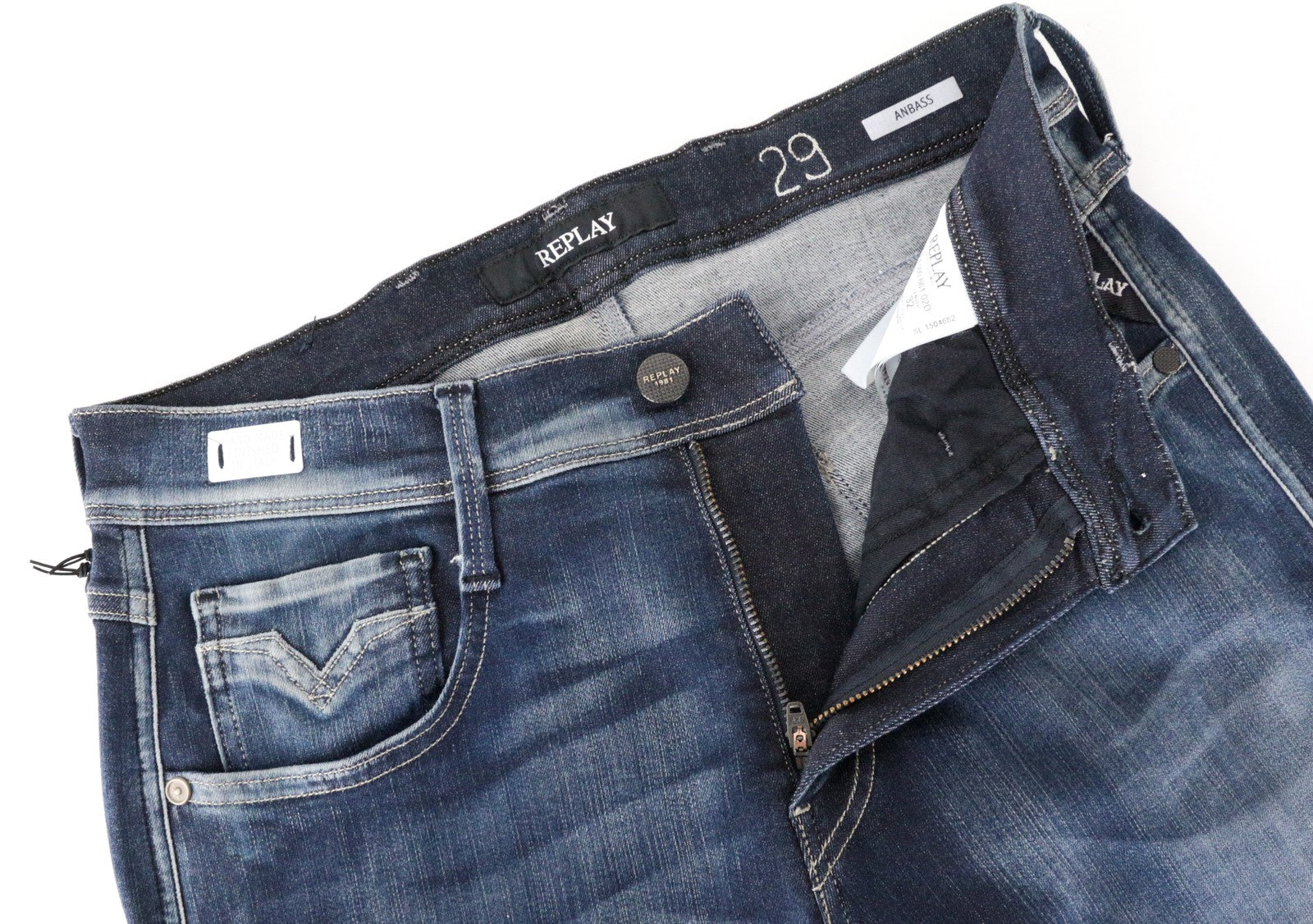REPLAY Anbass Men's W29/L32 Dark Blue Slim Hyperflex Jeans Fitted Zip Fly