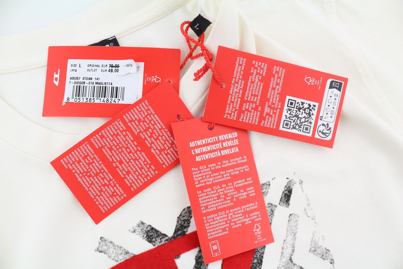 DIESEL T-Diegor-C16 Mens T-Shirt L Off White Short Sleeve Crew Collar  Tricot