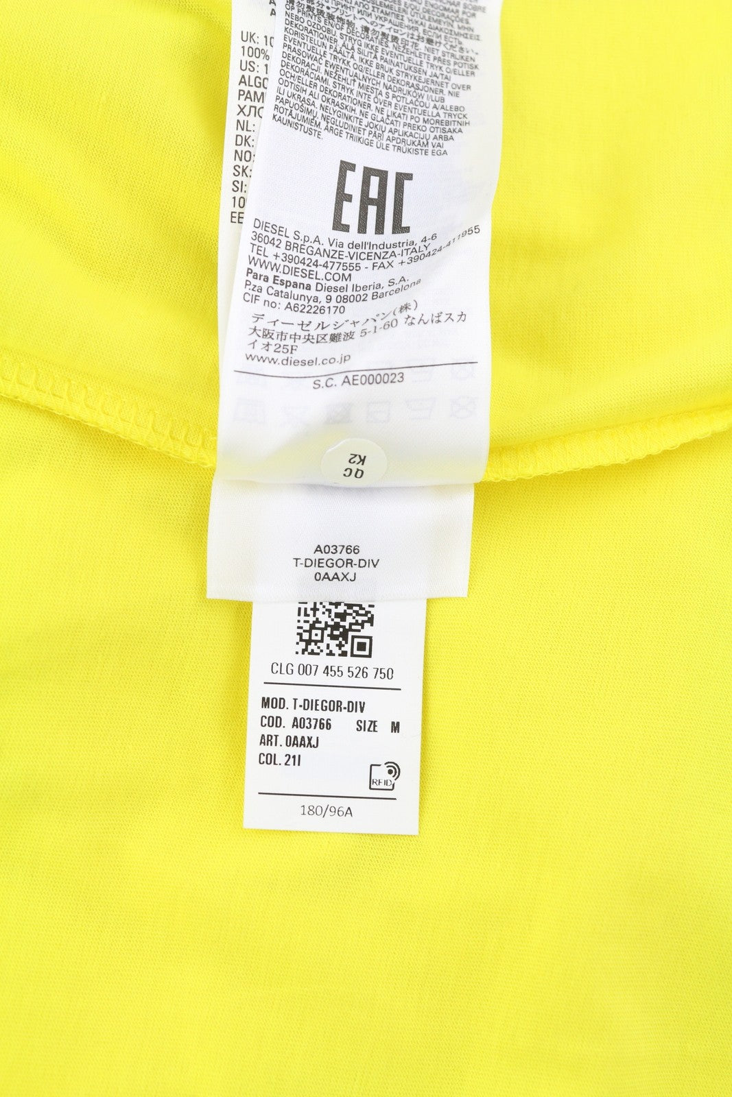 DIESEL T-Diegor-Div Mens T-Shirt M Yellow Short Sleeve Crew Collar  Tricot