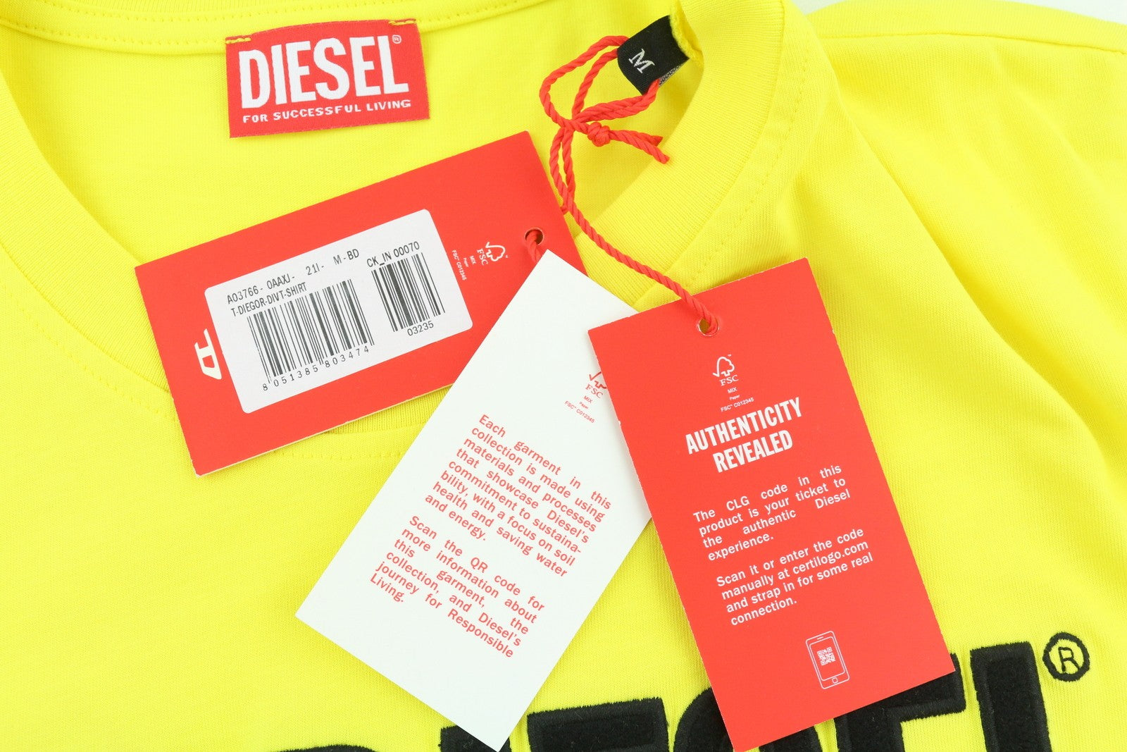 DIESEL T-Diegor-Div Mens T-Shirt M Yellow Short Sleeve Crew Collar  Tricot