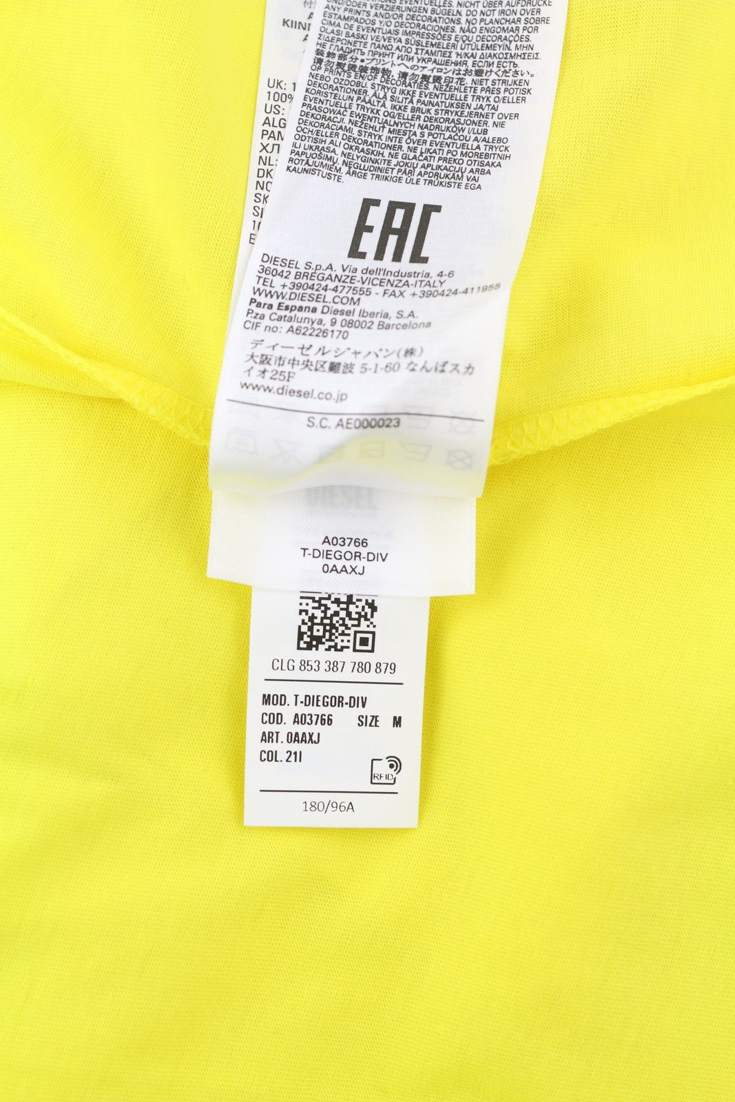 DIESEL T-Diegor-Div Mens T-Shirt M Yellow Short Sleeve Crew Collar  Tricot