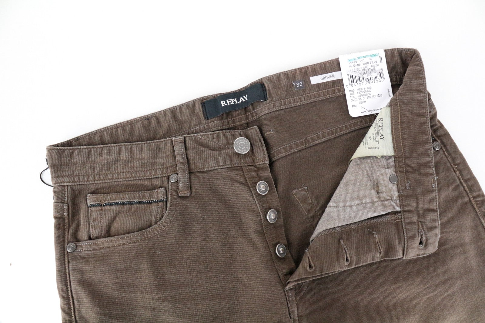 REPLAY Grover Men's W30/L32 Brown Bull Denim Straight Jeans Stretch Buttoned
