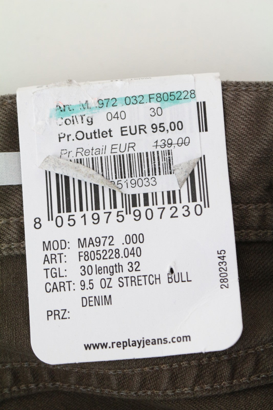 REPLAY Grover Men's W30/L32 Brown Bull Denim Straight Jeans Stretch Buttoned