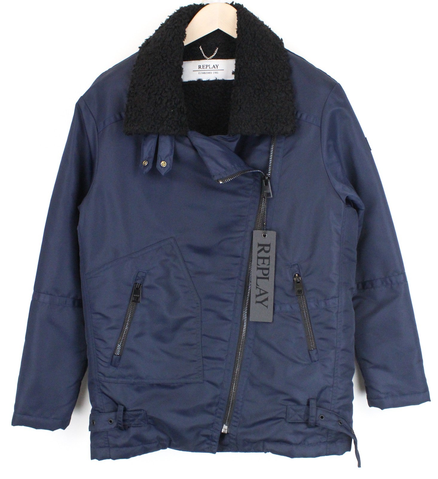 REPLAY Women's Jacket S Deep Blue Nylon Zip Regular Length Faux Fur Collar